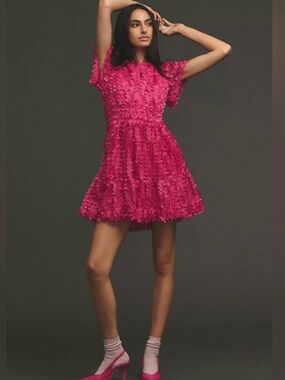 Anthropologie Fuchsia Textured Floral Short-Sleeve Dress